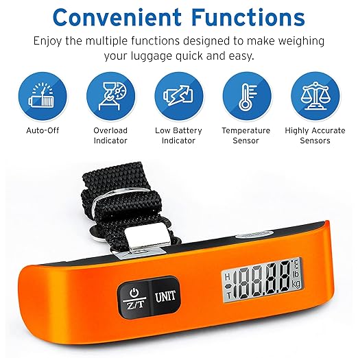 Etekcity Luggage Scale, Travel Essentials, Digital Weight Scales for Travel Accessories, Portable Handheld Scale with Temperature Sensor, Rubber Paint, 110 Pounds, Battery Included,Orange