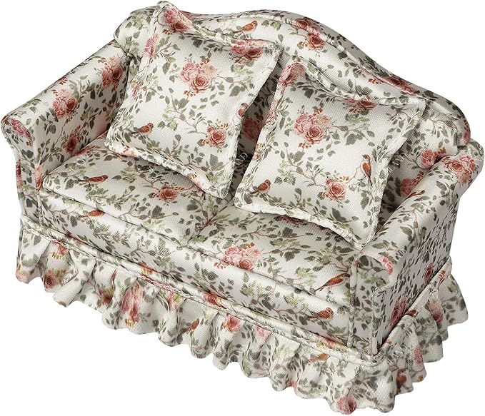 iLAND Dollhouse Furniture of Miniature Couch with Coffee Table the Beautiful Doll House Furniture Set fit 1/12 scale accessories, Elegant Rose and Birds Customized Fabric and Amazing Pleated Handiwork