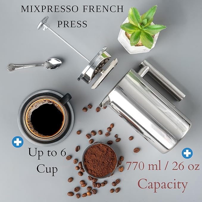 Mixpresso Stainless Steel French Press Coffee Maker 26 Oz 770 ml, Double Wall Insulated French Press Stainless Steel, Easy Clean Tea Brewer, Easy Press Durable Metal Coffee Press