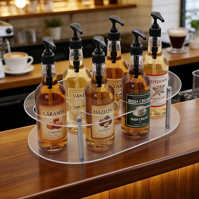 6-Bottle Acrylic Coffee Syrup Organizer, Transparent Oval Syrup Bottle Rack & Holder for Countertop, Fits Standard 16.9oz Syrup Dispensers, Perfect for Home Cafe & Kitchen - Image 6
