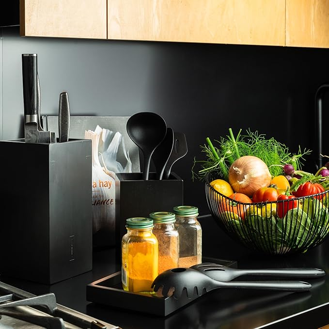 Kaizen Bamboo Utensil Drawer Organizer Tray - Premium Utensil Holder for Kitchen - Multi-Purpose Bamboo Organizer for Cooking Utensils - Large Tray with Anti-Slip Base for Drawers - Black