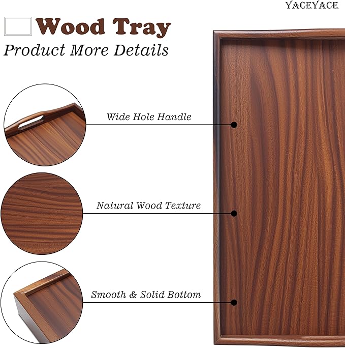 Wood Serving Tray for Ottoman, 15.7"x12"x2" Medium Wodden Serving Tray with Handles for Coffee Table, Wood Trays for Home Decor, Bathroom
