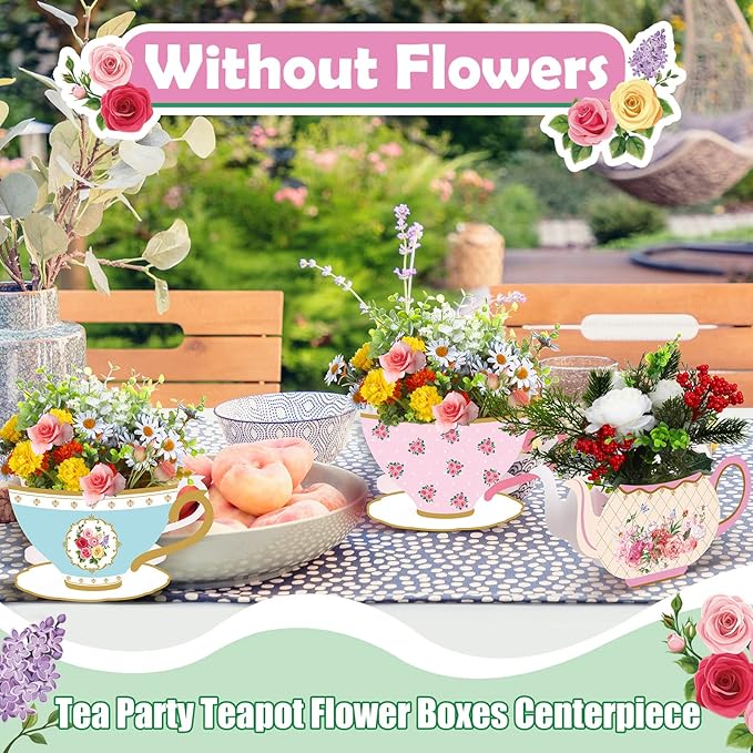 Yinder 6 Pcs Tea Party Decorations Princess Party Flower Boxes Centerpiece Floral Teapot Centerpiece for Floral Tea Themed Birthday Wedding Supplies(Retro Tea Pot Tea Cup)