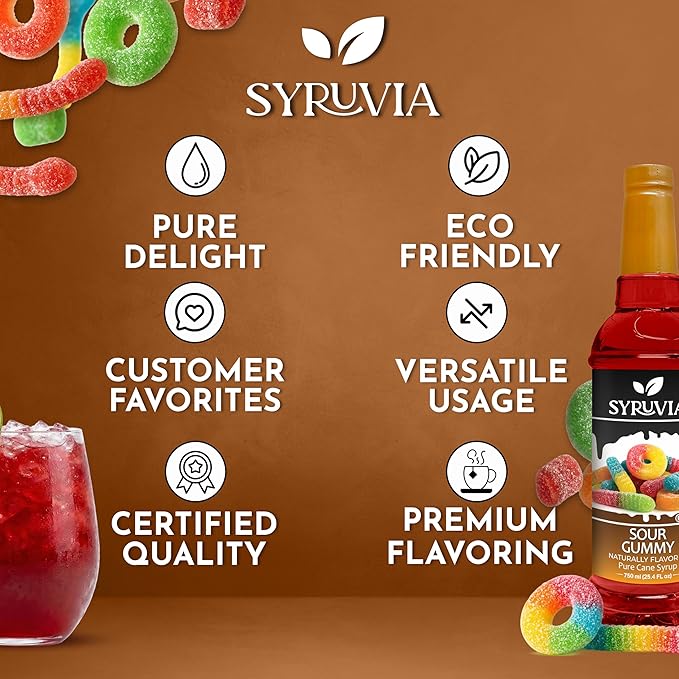 Syruvia Sour Gummy Flavored Syrup for Drinks, Cocktails, Lemonades, Iced Teas and Desserts – 25.4 fl oz, With Pump