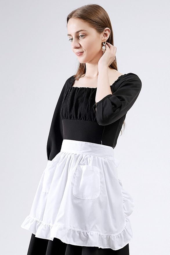 Waist Apron with Pockets Retro Kitchen Cleaning Ruffles Half Apron - Image 3