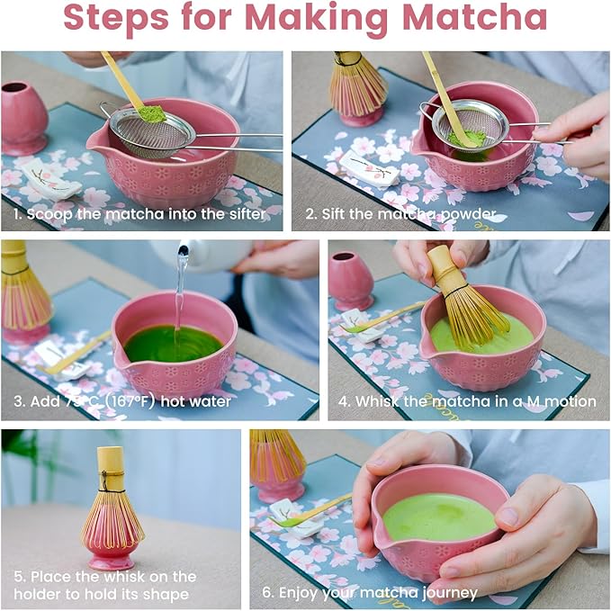 Joyscale Matcha Whisk Set, Matcha Set Whisk And Bowl, 8 Pcs Matcha Kit Set(Cherry Blossom Design), 18 OZ, Japanese Matcha Tea Set, Matcha Making Kit Gifts for Tea Lovers(Rouge Red)