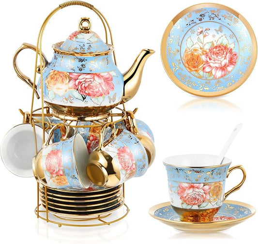 Zhehao 20 Pcs Porcelain Tea Set with Metal Holder and Spoon Adult Ceramic Tea Set European Flower Painting Teapot Cup Saucer Spoon for Women, Large Version (Simplicity Style)