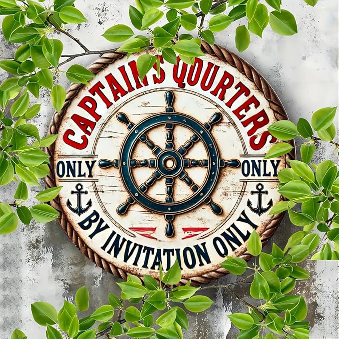 Vintage Captain's Quarters Nautical Aluminum Sign, Invitation-Only Maritime Decorative Wall Plaque for Room, Cafe, Garage, Farmhouse - Circular Foil Engraved Metal Decor - Image 3