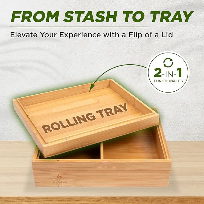 Subtle Rolling Tray Stash Box - Large Bamboo Box w/Ample Storage Space to Organize Herb Accessories - Comes with Convertible Rolling Tray Lid - (10" x 8" x 3.5")