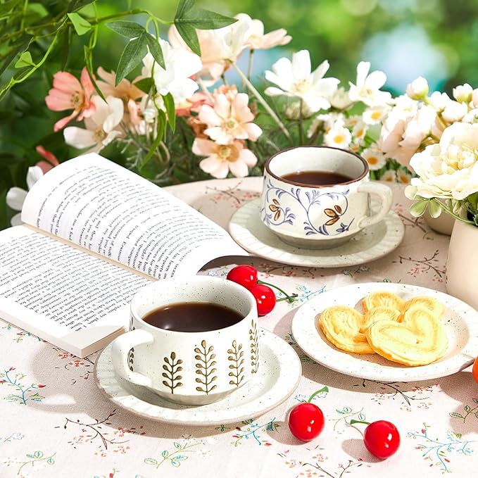 LemonRoad 2 Sets Vintage Tea Cup and Saucer Set Floral Tea Cup with Saucer 10oz Porcelain Vintage Coffee Mugs for Spring Party Birthday Gift Coffee (Leaves and Tang Grass Design)