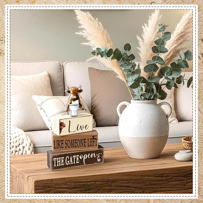 Geelin 4 Pcs Highland Cow Bathroom Decorations Bathroom Wooden Table Centerpiece Blocks Highland Cow Tiered Tray Decor for Indoor Home Desk Room Shelf Decor