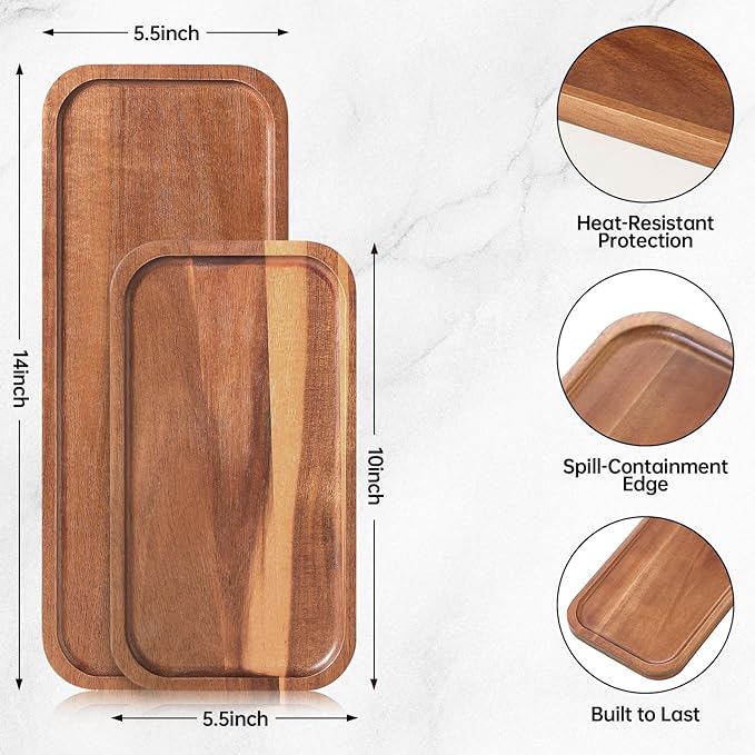 Acacia Wood Serving Platters and Trays - 14" x 5.5" Wooden Mini Charcuterie Boards, Small Cheese Board, Rectangle Wooden Tray for Kitchen Counter, Bathroom, Home Decor, Party (10, 14"X5.5")