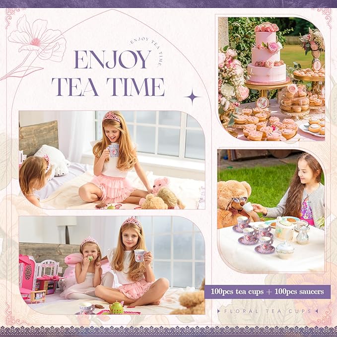 Nuogo 200 Pcs Floral Paper Tea Cups and Saucers 7 oz Disposable Tea Party Decorations Vintage Cute Paper Tea Cups and Plates with Handles for Wedding Baby Bridal Shower Birthday, Serve 100 (Purple)