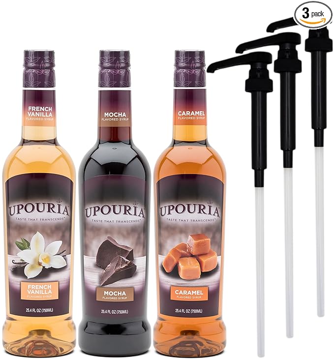 Sunny Sky Upouria Coffee Syrup Variety Pack - French Vanilla, Mocha, and Caramel Flavoring, 100% Vegan, Gluten Free, Kosher, 750 mL Bottle - 3 Coffee Syrup Pumps Included