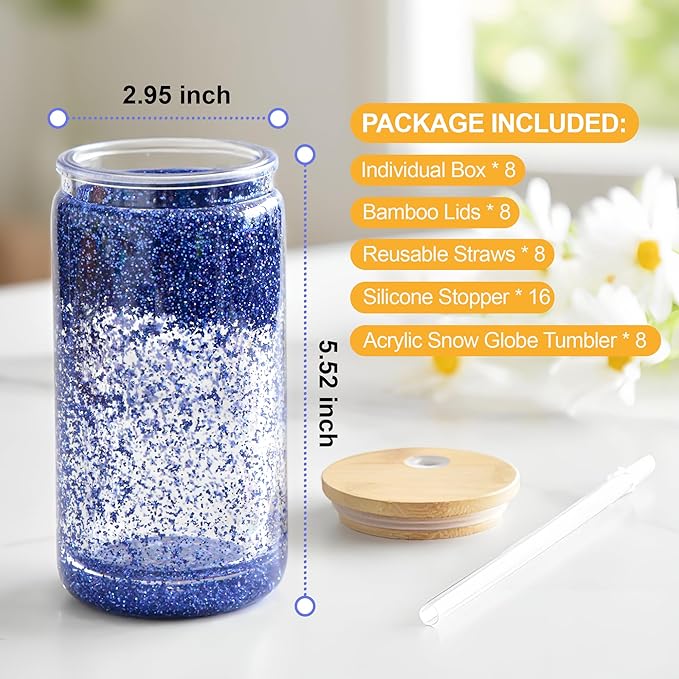 8 Pack Acrylic Snow Globe Tumbler with Bamboo Lids and Straws 16 oz Plastic Snowglobe Tumbler with Pre Drilled Hole Clear Double Wall Snowglobe Cups for Snow Globe Glitter DIY