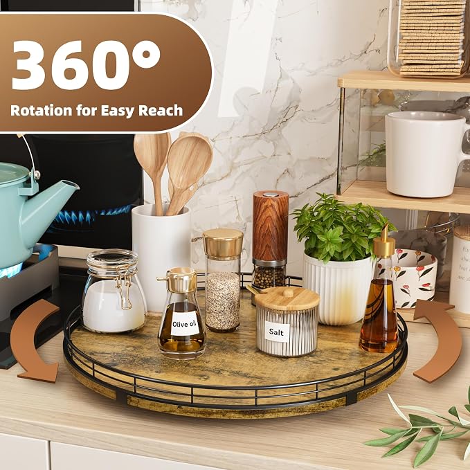 Lazy Susan Turntable Organizer for Table Top, 16’’ Round Wooden Lazy Susan for Cabinet Kitchen Countertop Pantry Dining Coffee Table for Condiments Spices, Rustic Bathroom Vanity Tray for Soap Candle - Image 3