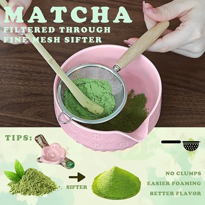 HAVIREST 8 pcs Matcha Whisk Set, Ceramic Bowl and Whisk Stand Spoon Holder Sifter Mat Towel, Japanese Ceremonial Grade Macha Tea Tools Kit, Gift for Women Match Starter Lover (Pink)