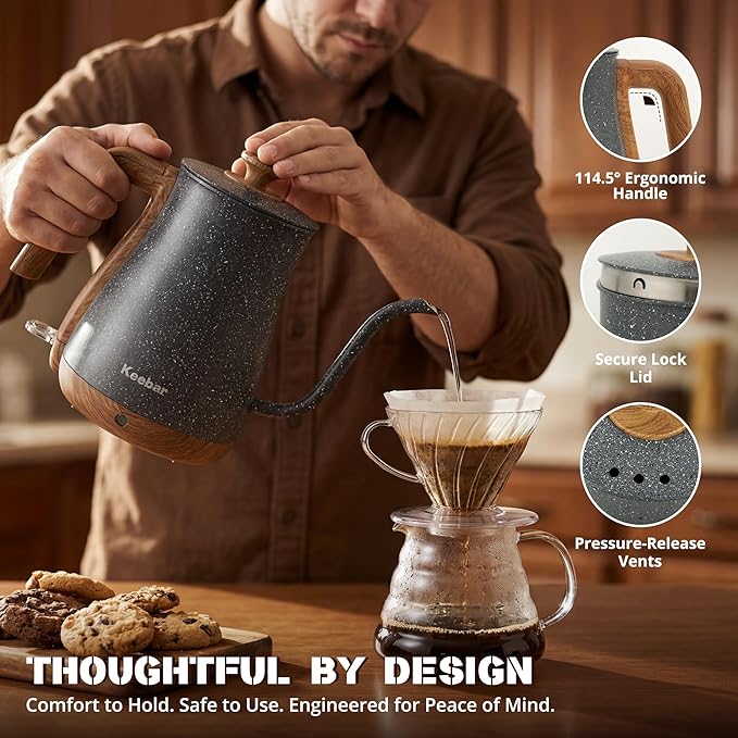 Electric Tea Kettle, Electric Kettle Stainless Steel, 1000W Tea Kettle Electric Auto Shut Off, 0.8L, Wood-like Grain Finish Handle, Ice Crackle