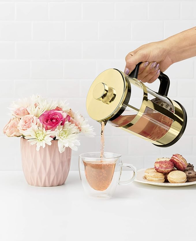 Pinky Up Piper Stainless Steel French Press Coffee Maker, Borosilicate Glass Tea Press for Loose Tea, Stylish, Durable & Easy to Clean, Sleek Design, Coffee Bar Accessories, 34 oz, Gold