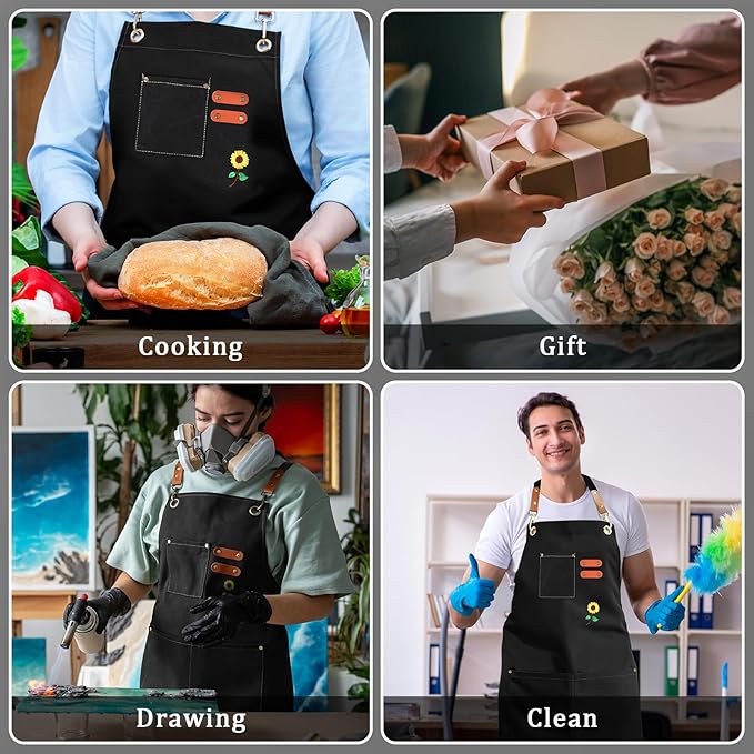 100% Cotton Canvas Apron | Unisex Cooking Apron for Men & Women with 3 Pockets & Adjustable Crossback Straps