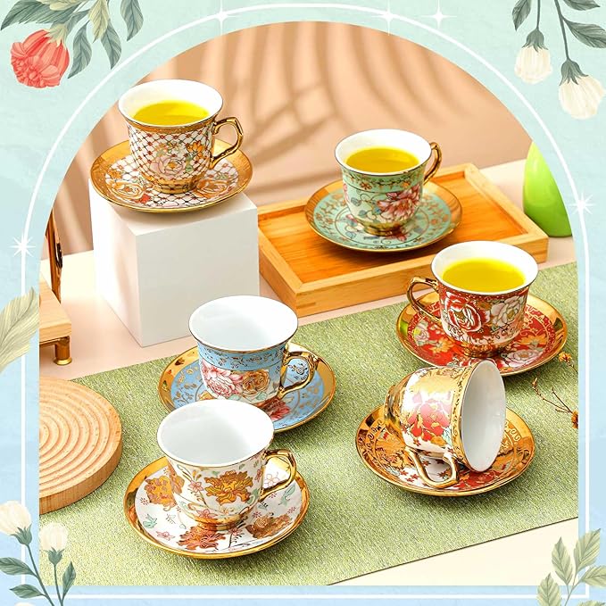 Set of 6 Tea Cups and Saucers Tea Party Decorations Floral Porcelain 5.4 oz British Gift for Women Birthday Party, Church, and Mother's Day (Stylish Style)