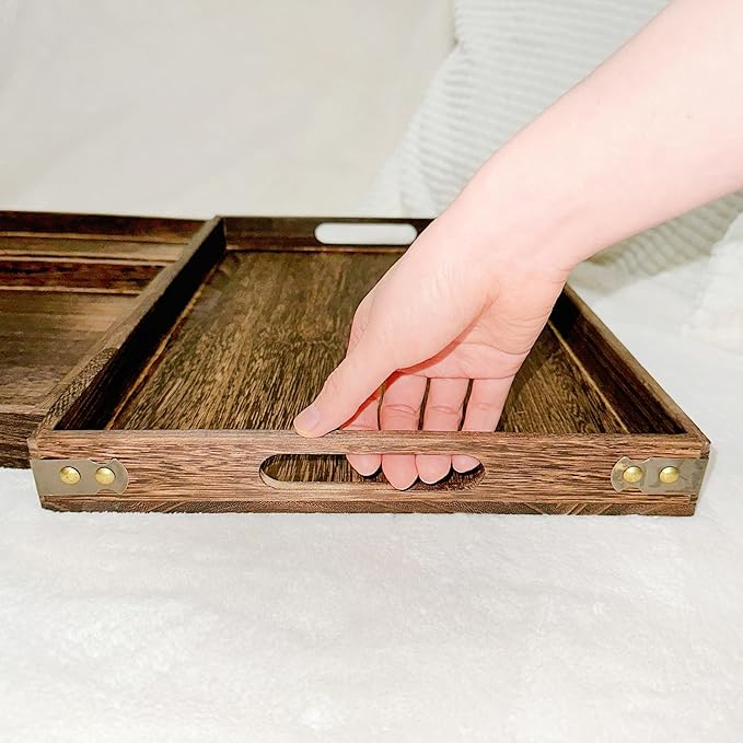 3-Piece Wooden Serving Tray Set - Nesting Platters for Entertaining & Breakfast