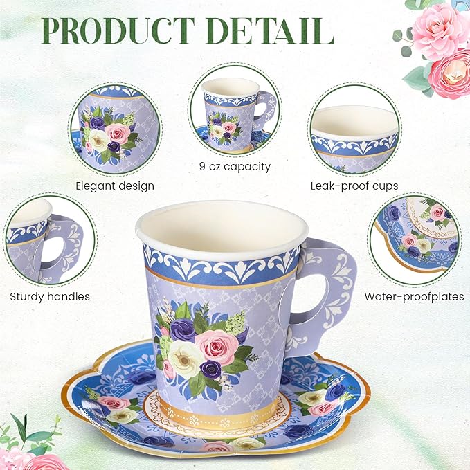 Nuogo 300Pcs Floral Paper Tea Cups and Saucers 9 OZ Disposable Tea Cup with Handle and Plates for Party Supplies Wedding Birthday Baby Shower Bridal Mother's Day, Serve 150 Guest(Fresh Color)