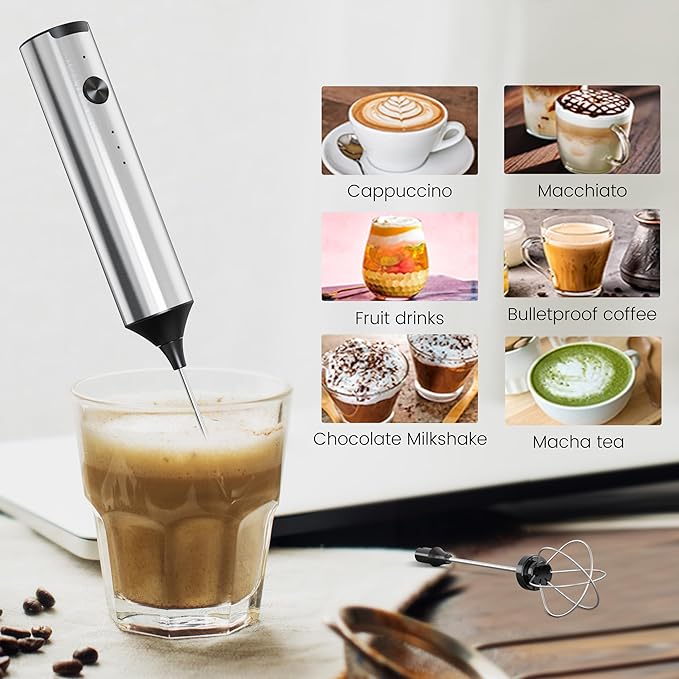 Handheld Milk Frother Wand Rechargeable - Double Whisk Milk Frother Handheld - 3 Speed Levels - Coffee Stirrers Electric (Upgraded - Stainless Steel without Stand)