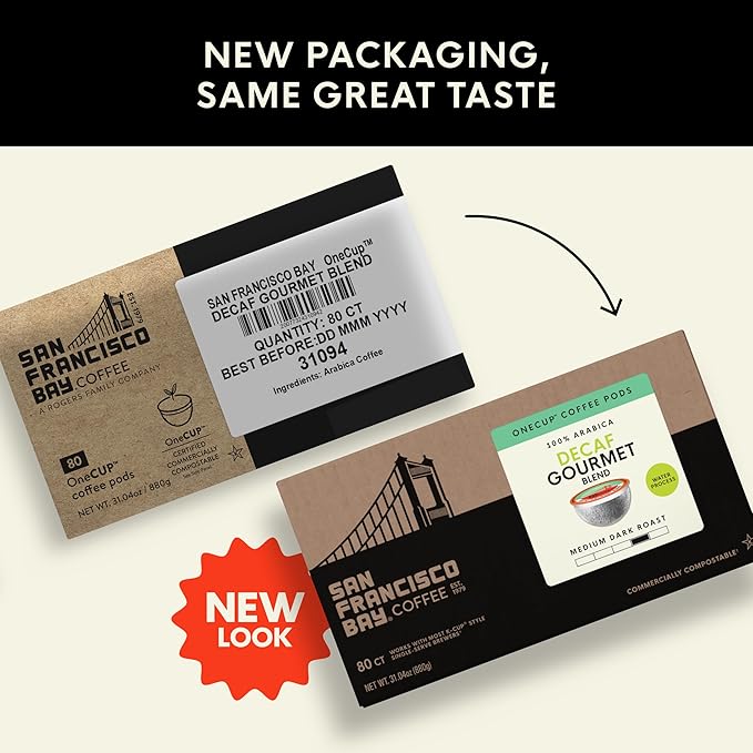 San Francisco Bay Coffee - Decaf Medium-Dark Roast - Decaf Gourmet Blend (80 ct) - Single Serve Coffee Pods, Swiss Water Processed, Commercially Compostable, K Cup Compatible