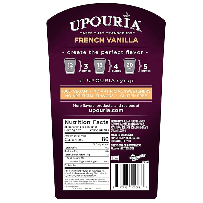 Sunny Sky Upouria Coffee Syrup Variety Pack - French Vanilla, Mocha, and Caramel Flavoring, 100% Vegan, Gluten Free, Kosher, 750 mL Bottle - 3 Coffee Syrup Pumps Included