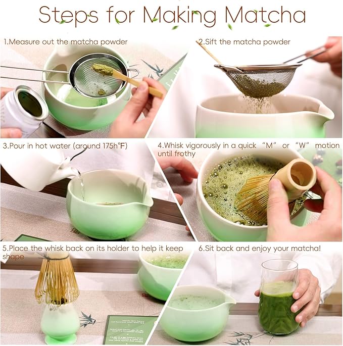 Matcha Whisk Set, Ceramic Matcha Set Includes Bowl & Holder, Bamboo Whisk (Chasen), Scoop, Spoon and Sifter, 6PCS Matcha Kit Covers Everything Needed for Making Matcha (Green)