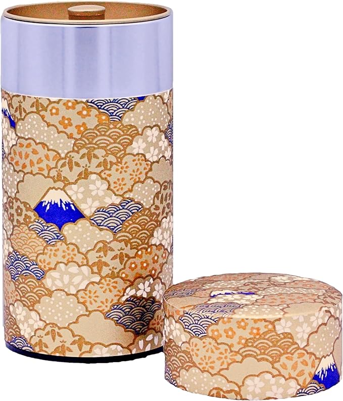 Washi Paper Tea Tin Canister: Long 7oz (200g) Mt. Fuji at Golden Hour (#151), Japan