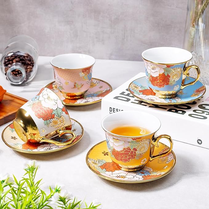8 Set Tea Cups and Saucers, 8 OZ Floral Porcelain Cup and Saucers Set for Latte Cappuccino Espresso Mocha Afternoon Tea Birthday Wedding Party Supply Housewarming Women Gift