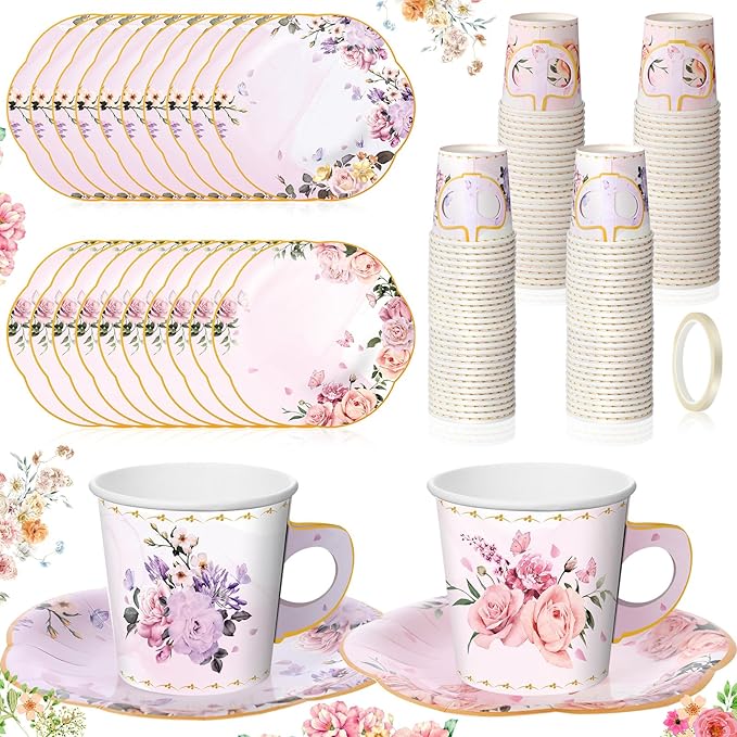 Umigy Tea Party Decorations 6.5oz Floral Paper Tea Cups with Handle and Plates Disposable Blossom Teacups and Saucers Sets with Tape for Hot Cold Drink Birthday (Elegant Style,36 Sets)