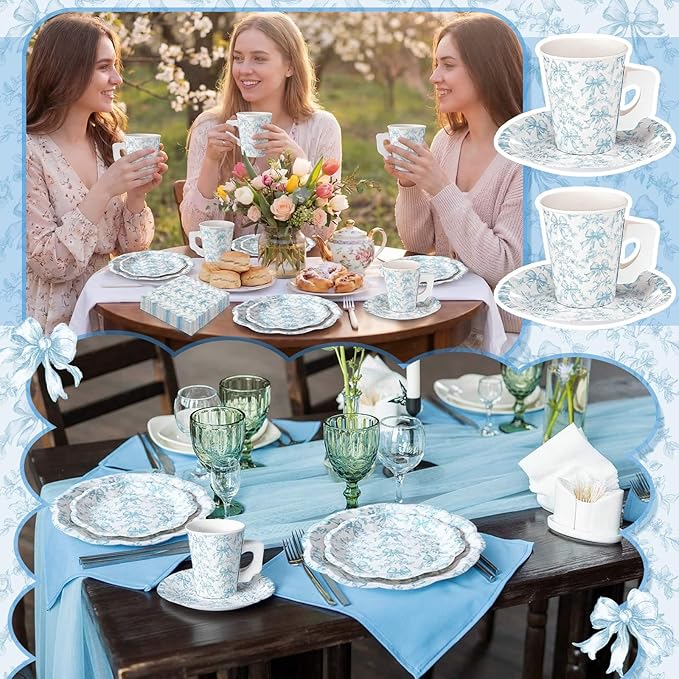 Pickmesh 252 Pcs Blue Bow Floral Tea Party Supplies for 36 Guests Flower Paper Disposable Dinnerware Flower Teacup with Handle and Saucers Set for Tea Party Decorations Birthday Baby Shower Wedding