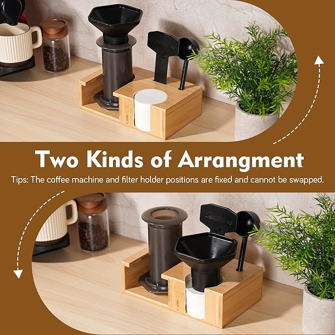 RECAPS Compact Bamboo Storage Organizer Stand Holder Compatible with AeroPress Original/Clear Coffee Maker, Spill-Resistant Coffee Caddy with Non-Slip Pads & Accessory Slots (Fit 64mm Filters)