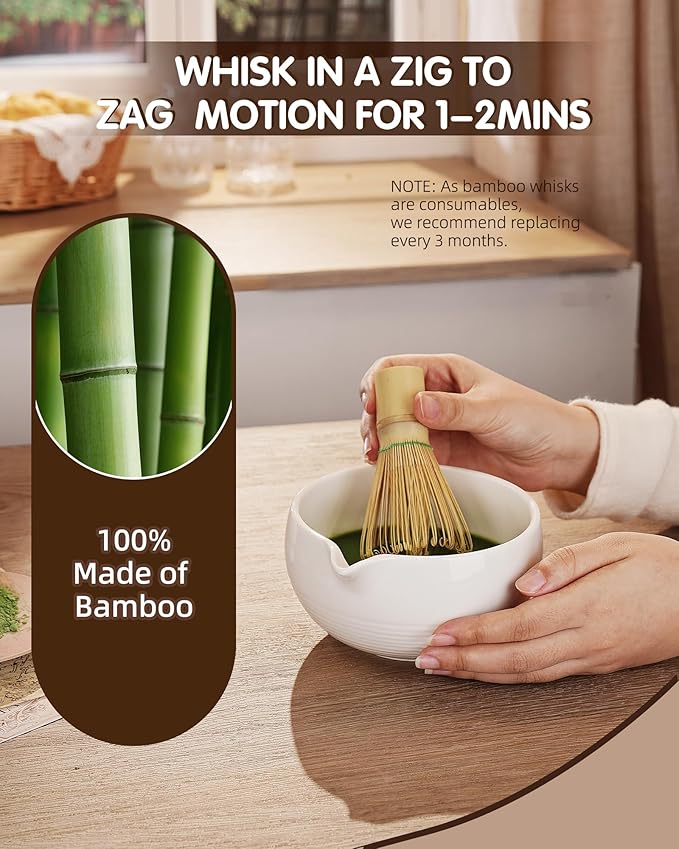 ZENS Matcha Whisk Set, 6pcs Matcha Kit Includes Ceramic Bowl, Handcrafted Bamboo Whisk and Chasen Holder, Scoop, 304 Sifter & Tea Mat，Matcha Set for Tea Ceremony,Latte Making, White