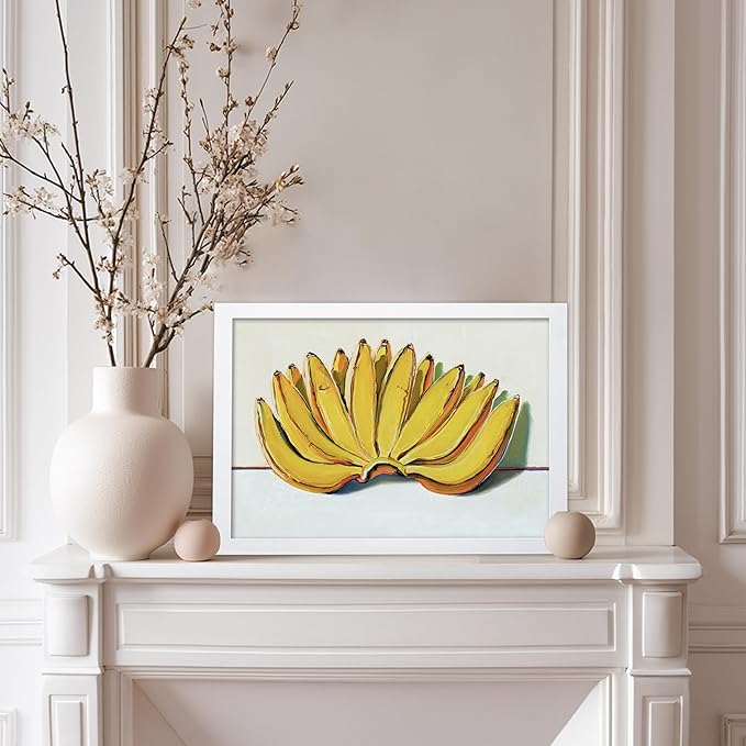 Poster Master Vintage Food & Drink Poster - Retro Banana Oil Painting Print - Banana Art - Gift for Vegan, Vegetarian, Foodies - Perfect Decor for Bakery, Home, Kitchen, 11x14 White Framed