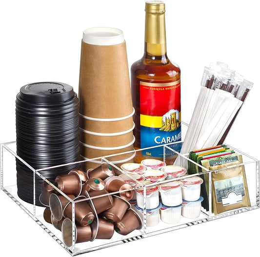 BEYGORM Acrylic Coffee Bar Station Organizer for Countertop,Office Breakroom Clear Snack Tea Storage Accessories Holder for Kcup Pod Condiment Cup Sugar Creamer Syrup, Gift for Coffee Lovers