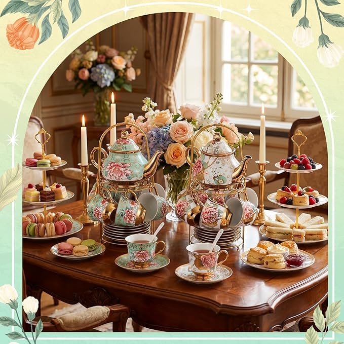 Zhehao 40 Pcs Porcelain Tea Set with Metal Holder and Spoon Adult Ceramic Tea Set European Flower Painting Teapot Cup Saucer Spoon for Women, Large Version (Fresh Style,Bright Style)