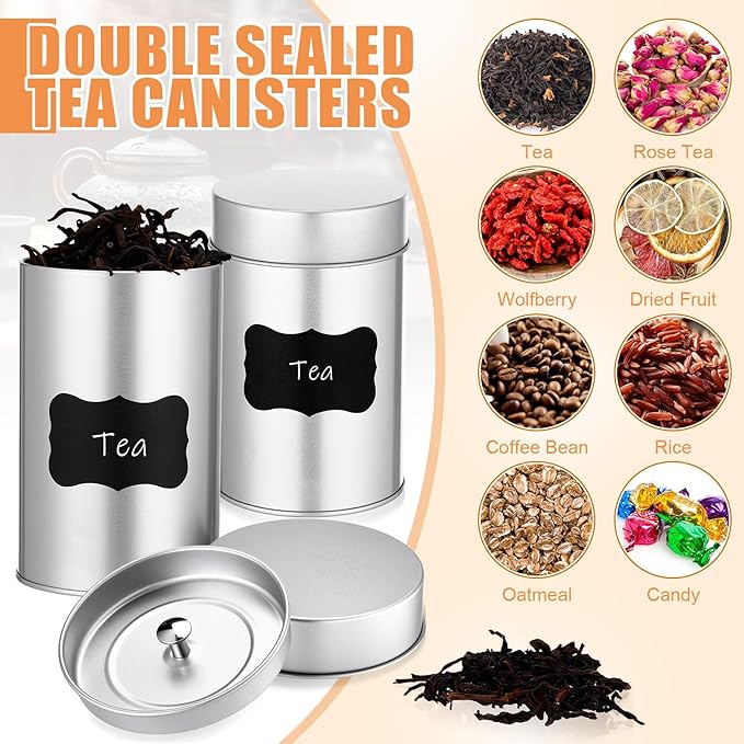 Tanlade 3 Pcs Tea Tin Canister with Airtight Lid,14 oz Tea Storage Tins with 1 Erasable Chalk Marker and 16 Stickers for Loose Leaf Coffee Sugar Metal Round Containers Can Double Sealed