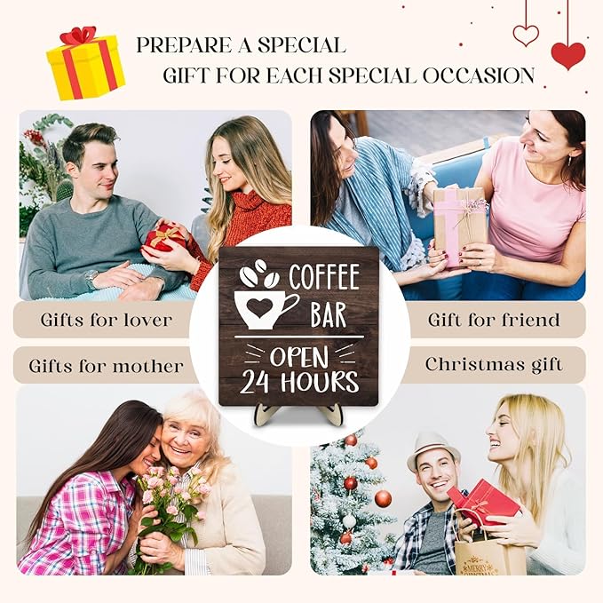 Coffee Bar Sign Plaque Decor, Vintage Farmhouse Kitchen Counter Sign for Coffee Station Kitchen Office,Cafe Bar Accessories, Open 24 Hours Mini Bar Decor(Brown4, 5.9x5.9inches)