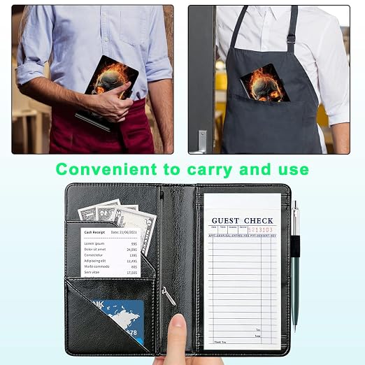 Server Books for Waitress, with 7 Large Pockets, Waiter Serving Book, Waitstaff Server Order Pads, Cute PU Leather Server Book with Pen Holder Fit Server Apron, Fire Skull - Image 4