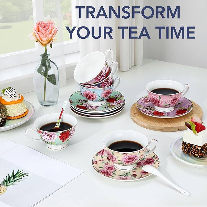 BTaT- Floral Tea Cups and Saucers with Spoon, 8 oz, 6 Set, Porcelain Tea Cups Sets, Dishwasher Safe