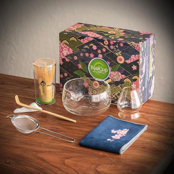 Matcha Whisk Set, Glass Matcha Kit Set Includes Matcha Bowl, Matcha Whisk and Holder, Bamboo Scoop, Scoop Rest, Sifter and Tea Towel - 7 Pcs Matcha Kit for Matcha Lovers (Glass Clear)