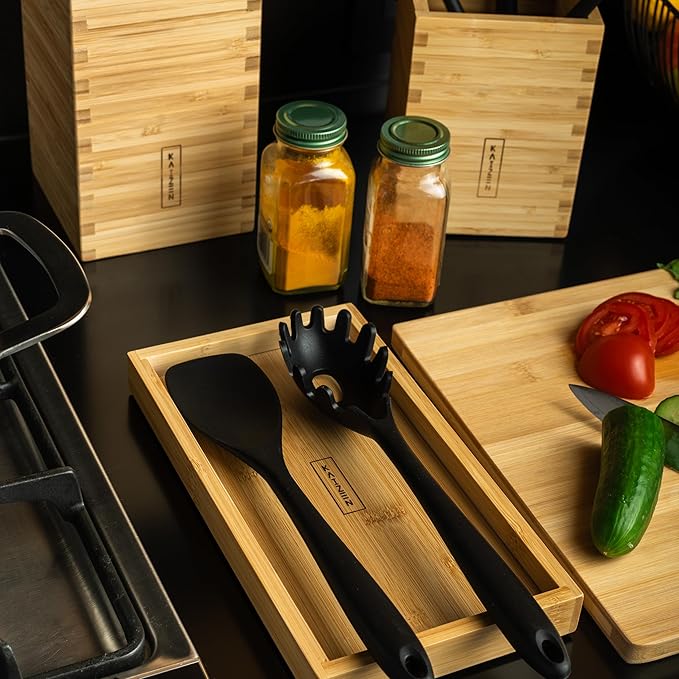 Kaizen Bamboo Utensil Drawer Organizer Tray - Premium Utensil Holder for Kitchen - Multi-Purpose Bamboo Organizer for Cooking Utensils - Large Tray with Anti-Slip Base for Drawers - Natural