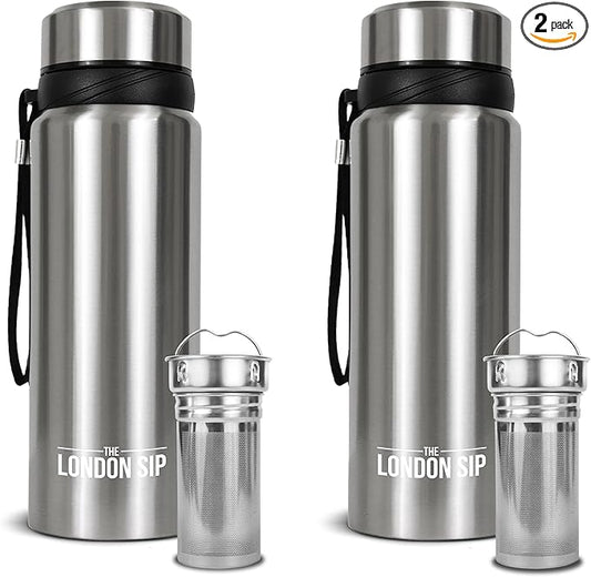 The London Sip 25 oz Multi-Function Travel Mug and Tumbler Tea Infuser Water Bottle Fruit Infused Flask Hot and Cold Double Wall Stainless Steel Coffee Thermos, Cosmic Silver, Pack of 2