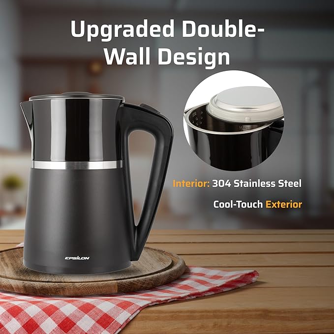 Epsilon Electric Kettle 1100W - 1.7L, Electric Tea Kettle with Boil Dry Protection and Auto Shut-Off, Fast Boil Electric Tea Kettle, Double Wall Stainless Steel, Removable Top and BPA Free