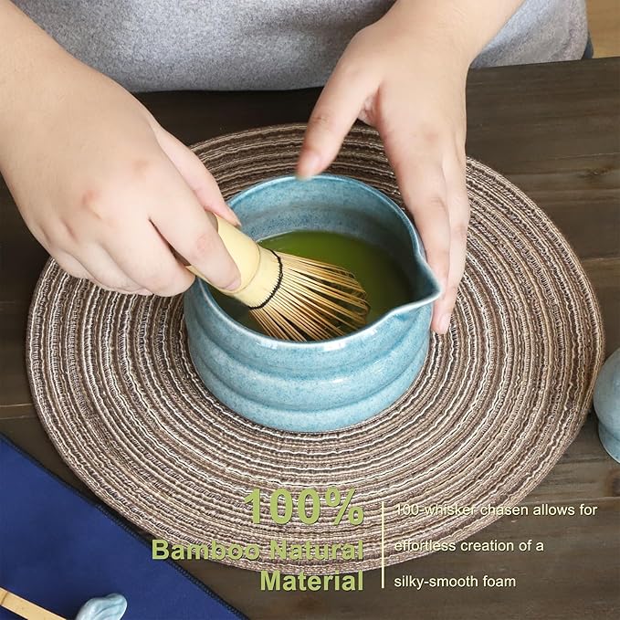 Blue Matcha Whisk Set, Ceramic Matcha Kit Set Valentine Gift Present Includes Matcha Bowl, Matcha Whisk and Holder, Bamboo Scoop, Scoop Rest, Sifter and Tea Towel - 7 Pcs Matcha Kit for Matcha Lovers