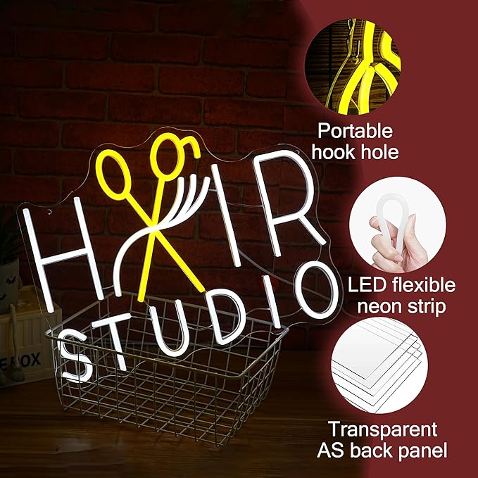 Hair Studio Neon Sign for Wall Decor Usb Powered Stylish Hair Salon Led Sign Dimmable Beauty Salon Light Up Sign Haircut Neon Light for Barber Shop Beauty Shop (16.54 * 12.6 in)